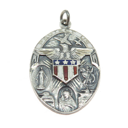 925 Sterling Silver Antique Art Deco Enamel WWII US Army Religious Pendant