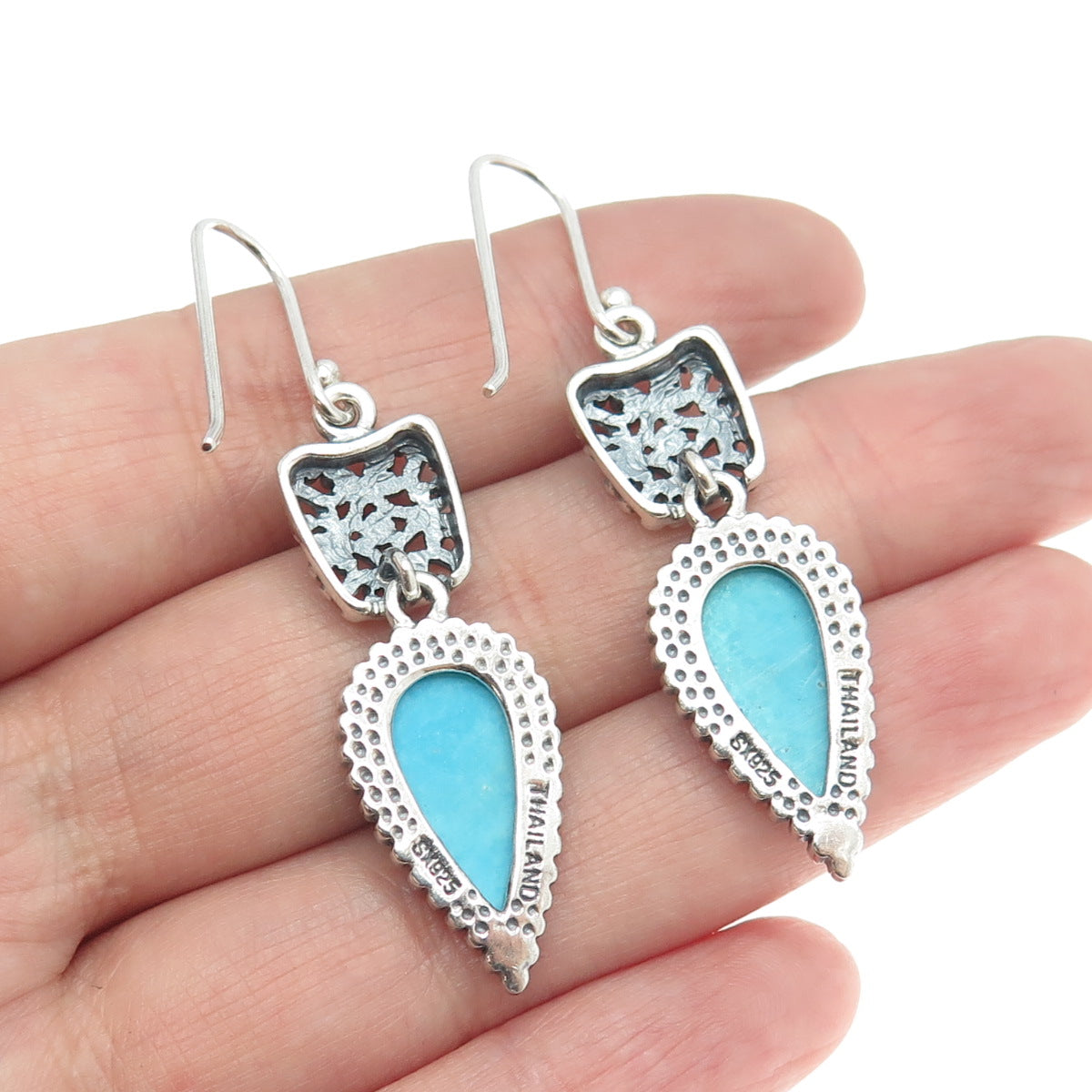 925 Sterling Silver Vintage Real Pear-Cut Turquoise Floral Ornate Earrings