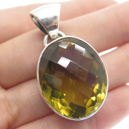 925 Sterling Silver Vintage Real Checkered Citrine Gemstone Pendant