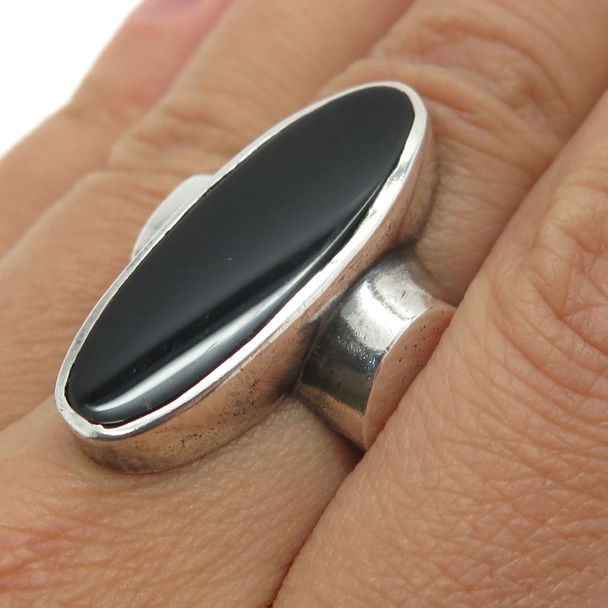 925 Sterling Silver Vintage Real Black Onyx Gemstone Statement Ring Size 7.5