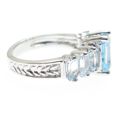 DSMK 925 Sterling Silver Real Emerald-Cut Blue Topaz Gem Ring Size 7.25