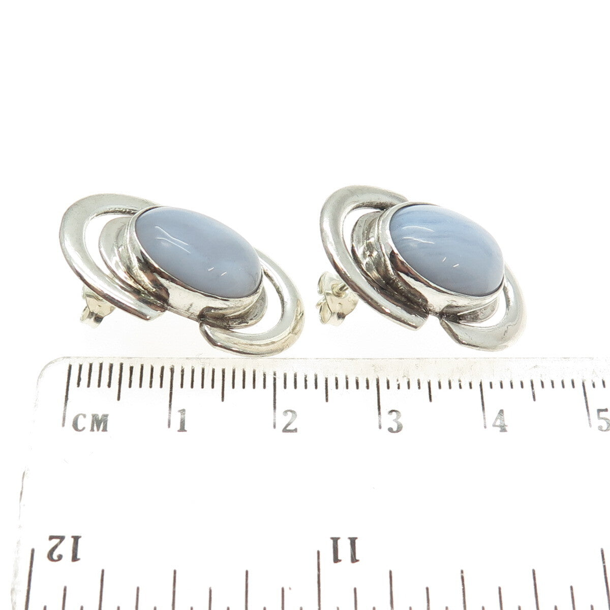925 Sterling Silver Vintage Real Blue Lace Agate Modernist Earrings