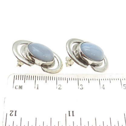 925 Sterling Silver Vintage Real Blue Lace Agate Modernist Earrings