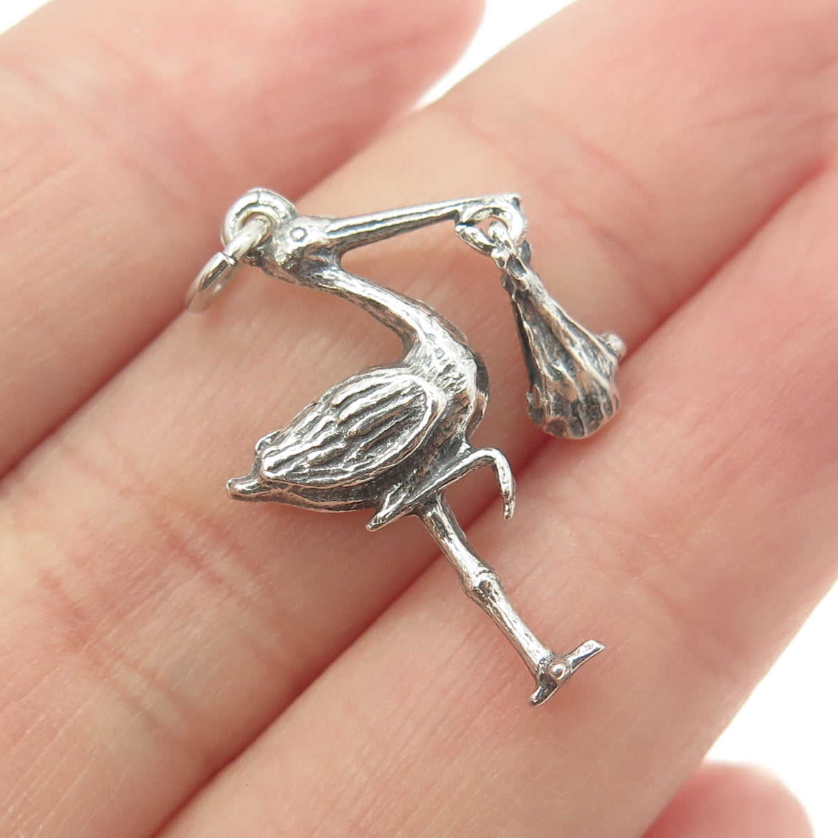 925 Sterling Silver Vintage Stork Carrying a Baby 3D Pendant