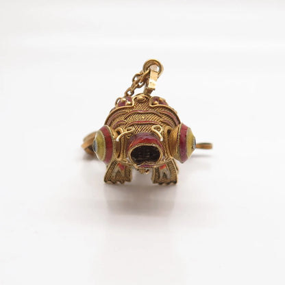 925 Sterling Silver Gold Plated Antique Enamel Chinese Koi Fish Chatelaine Fob