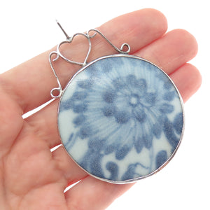 925 Sterling Silver Vintage Modernist Ceramic Flower & Heart Large Pendant