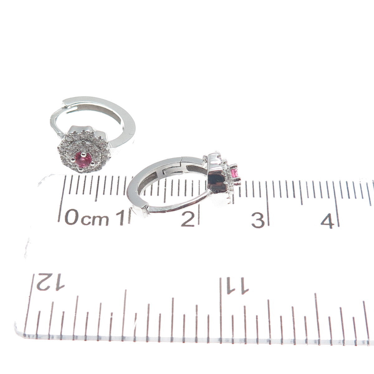 925 Sterling Silver Round-Cut Pink & White C Z Flower Hoop Earrings