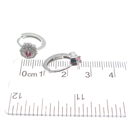 925 Sterling Silver Round-Cut Pink & White C Z Flower Hoop Earrings