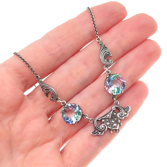 925 Sterling Silver Antique Art Deco Rainbow Rhinestone & Marcasite Necklace 16"