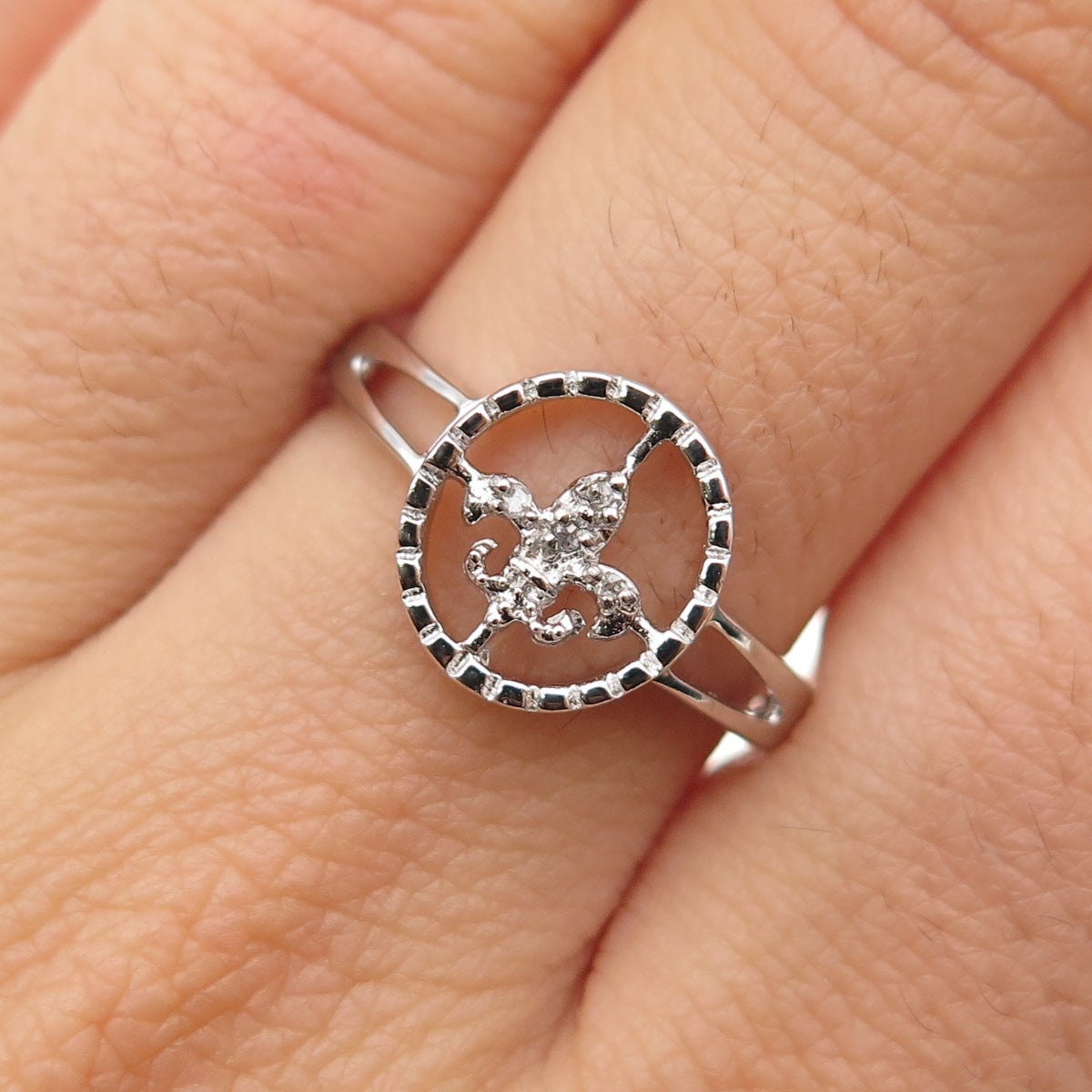 925 Sterling Silver Real Round-Cut Diamond Fleur de Lis Ring Size 8