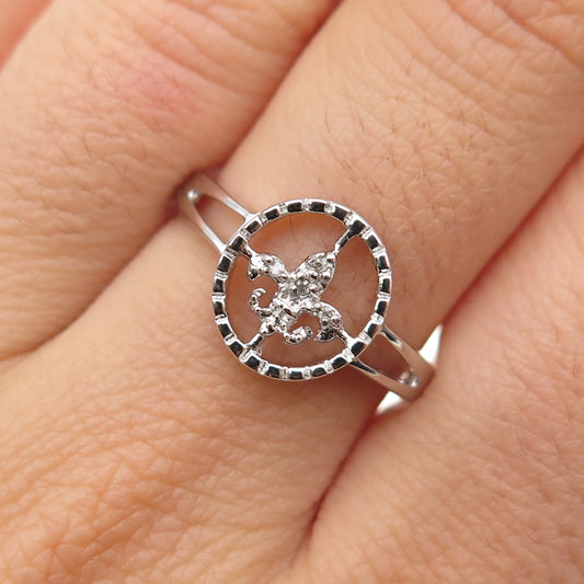 925 Sterling Silver Real Round-Cut Diamond Fleur de Lis Ring Size 8