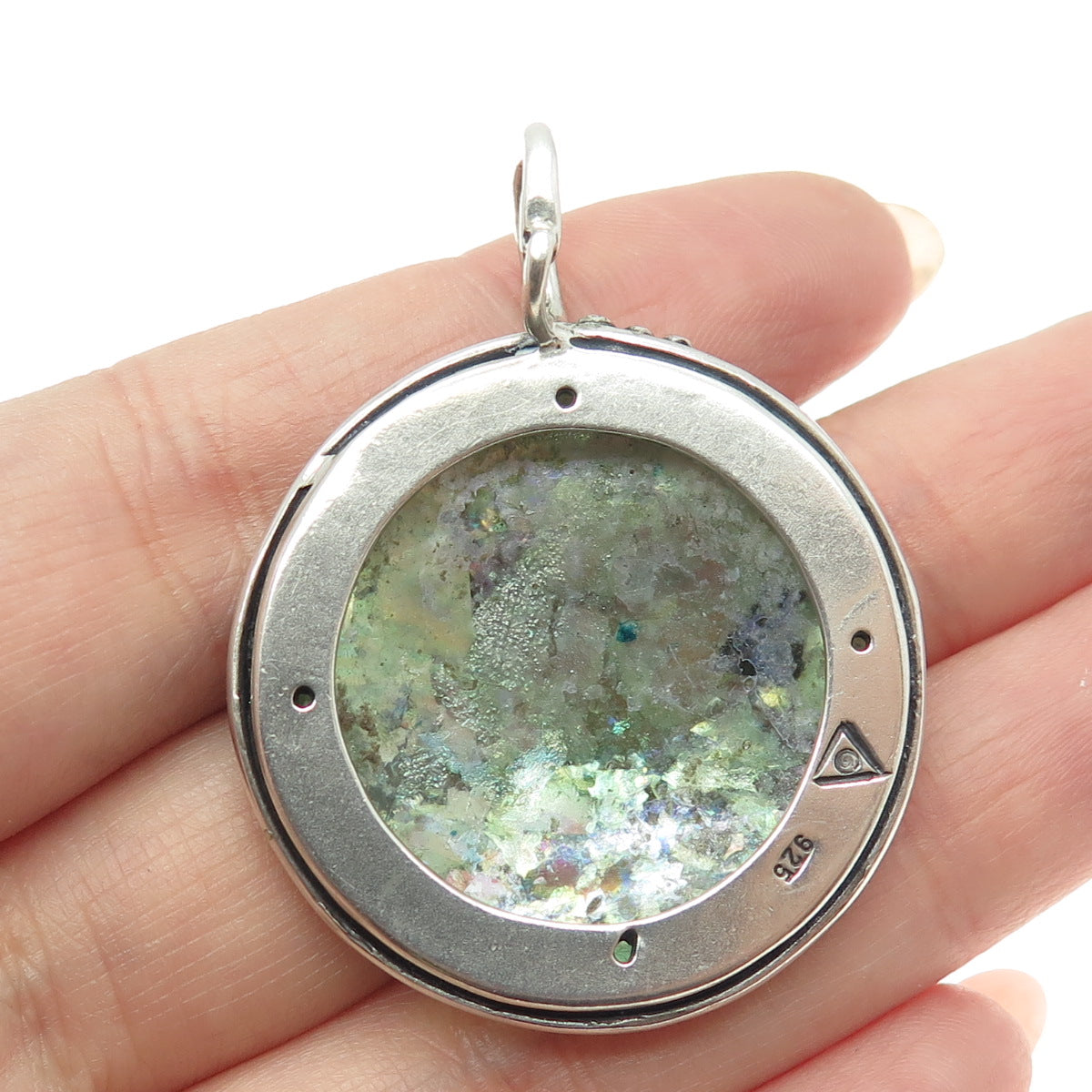 925 Sterling Silver Vintage Roman Glass Modernist Round Pendant