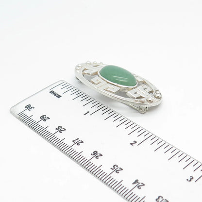 925 Sterling Silver Vintage Real Aventurine Gem Oval Maze Pin Brooch