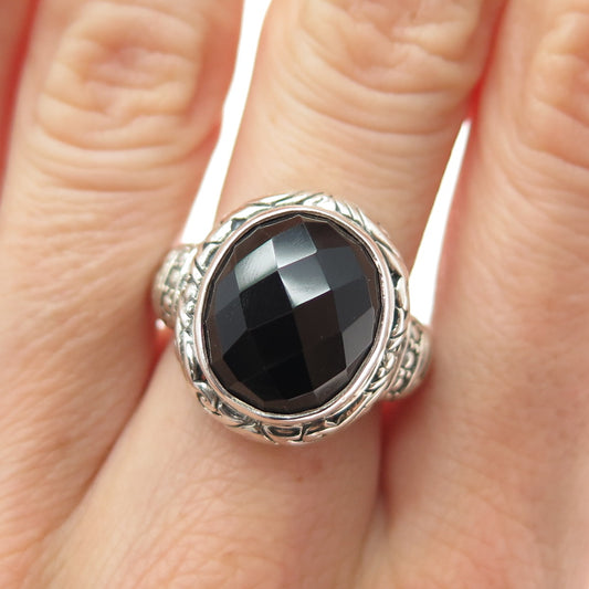 925 Sterling Silver Vintage Real Black Spinel Ornate Oxidized Ring Size 7.25