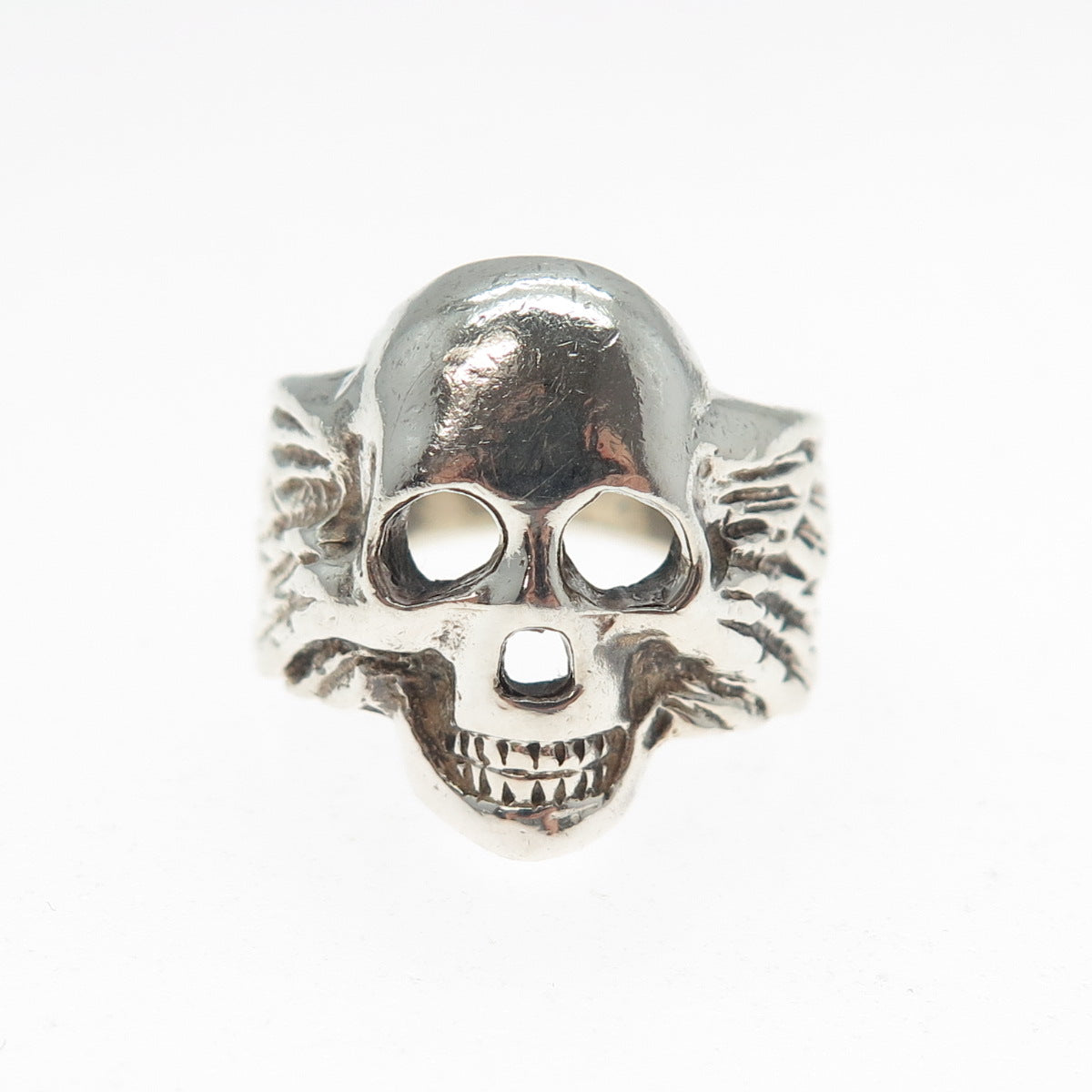 925 Sterling Silver Vintage Skull & Wings Oxidized Biker Ring Size 7