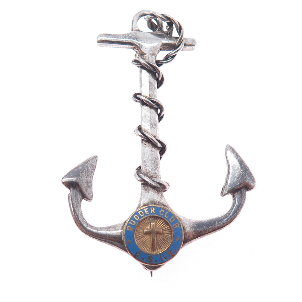 925 Sterling Silver Antique Art Deco Enamel Rudder Club Anchor Oxidized Brooch