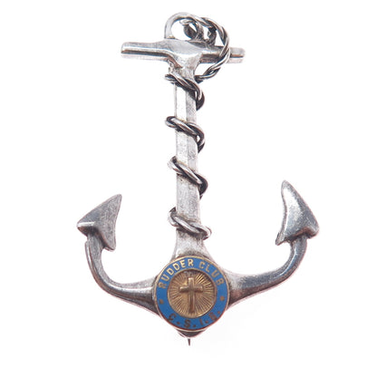925 Sterling Silver Antique Art Deco Enamel Rudder Club Anchor Oxidized Brooch