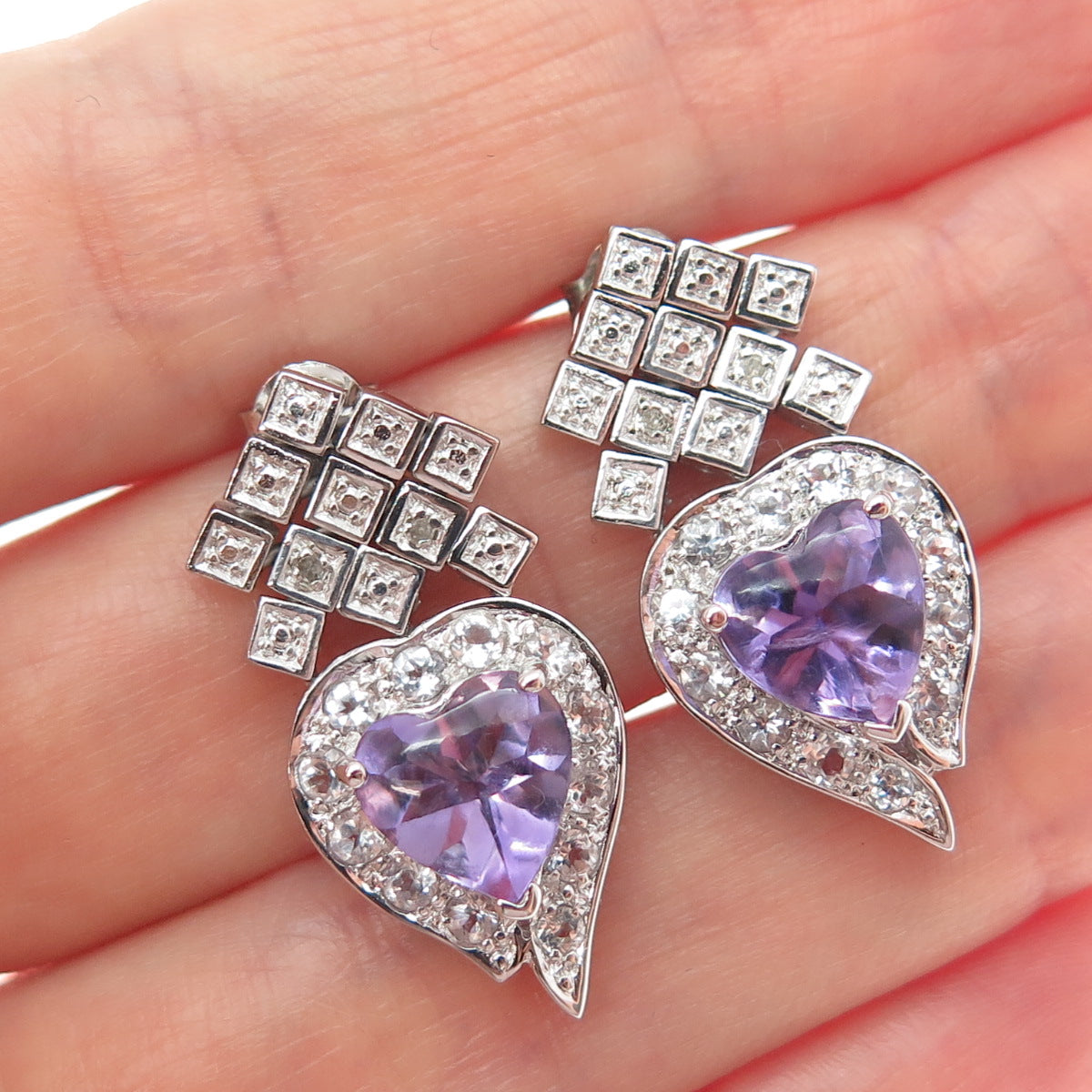 925 Sterling Silver Real Diamond Accent Amethyst & White Topaz Heart Earrings