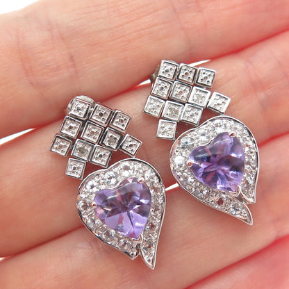 925 Sterling Silver Real Diamond Accent Amethyst & White Topaz Heart Earrings