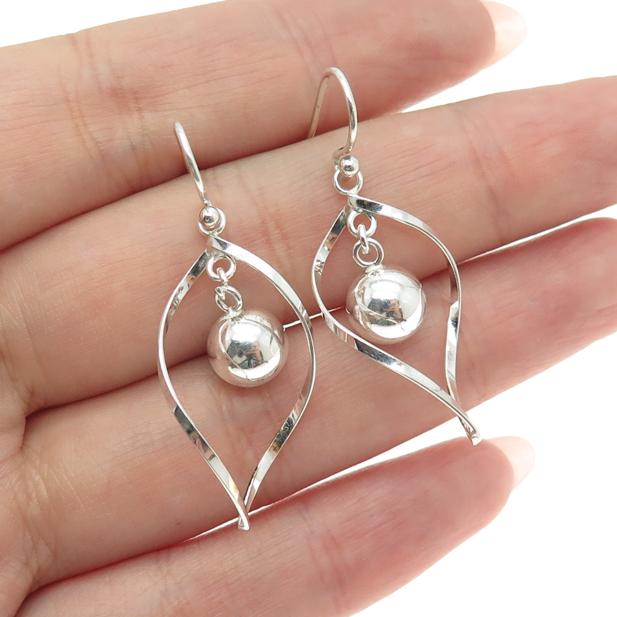 925 Sterling Silver Twisted Modernist Ball Drop Dangle Earrings