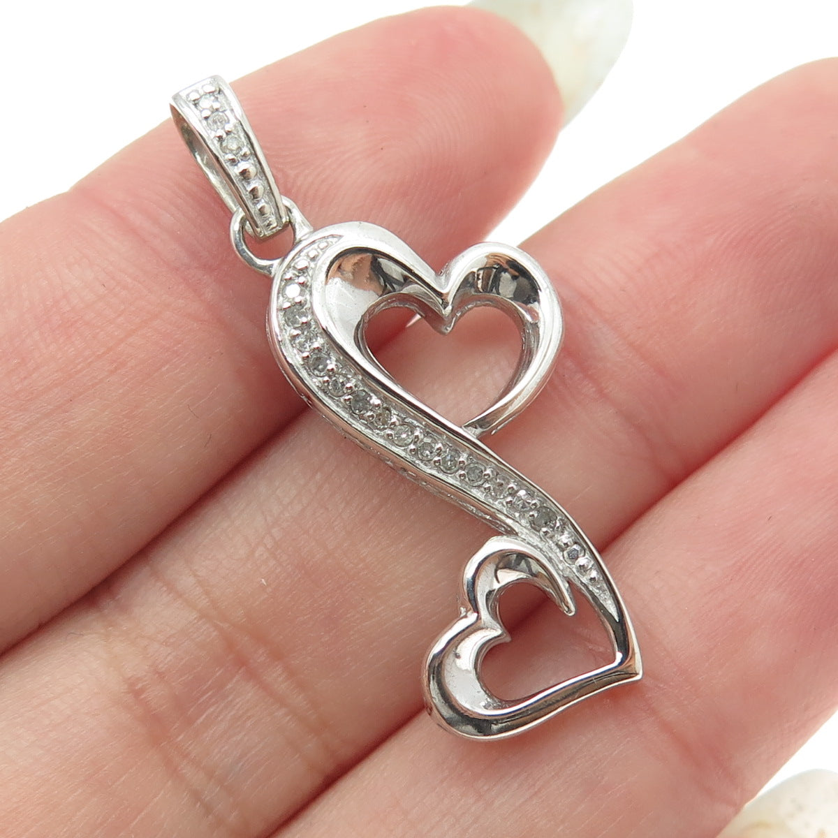 925 Sterling Silver Real Round-Cut Diamond Heart Pendant