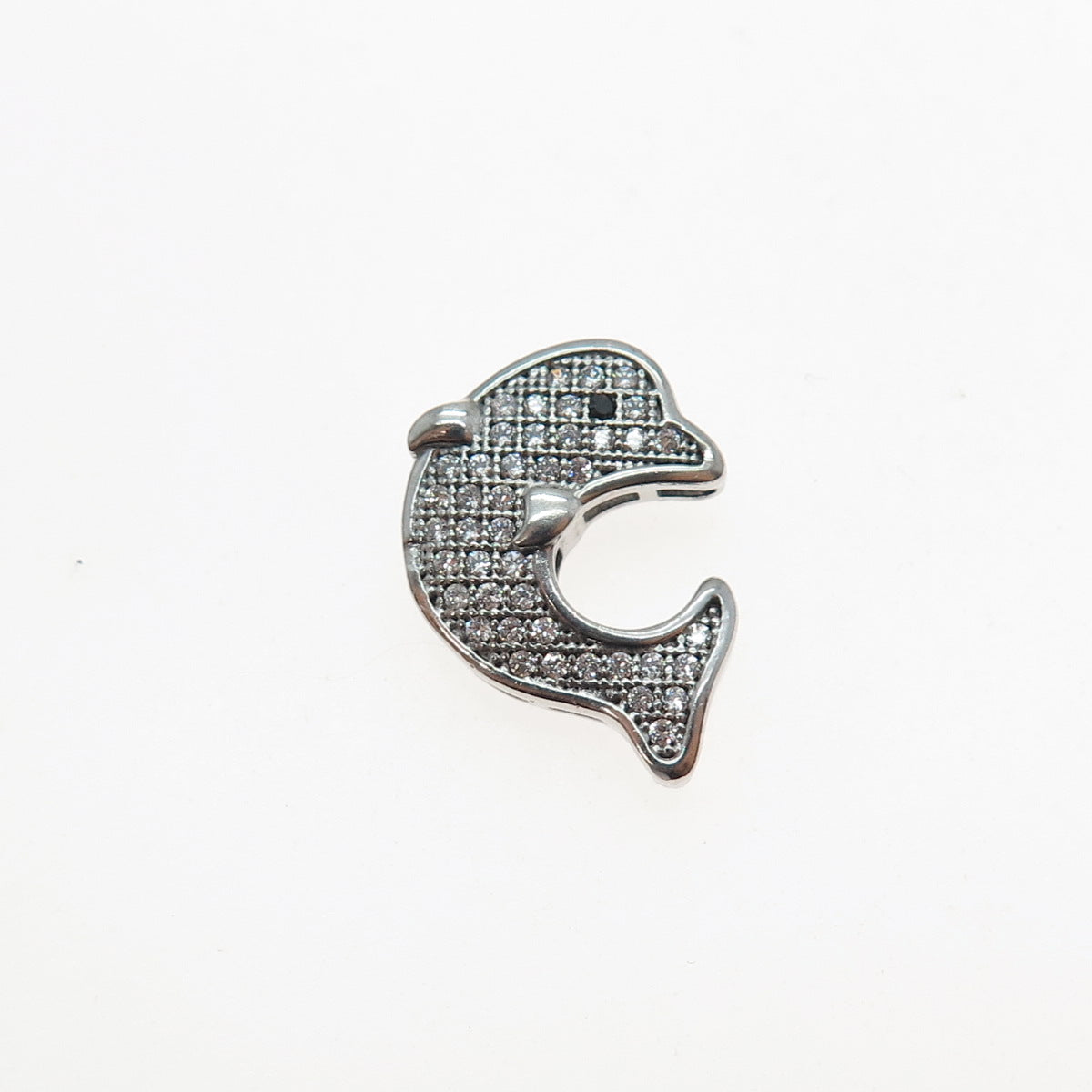 925 Sterling Silver Round-Cut Black & White C Z Dolphin Mini Slide Charm Pendant
