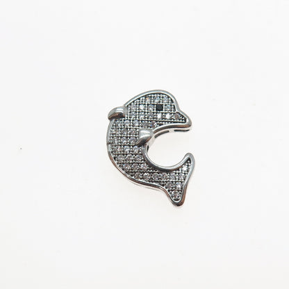 925 Sterling Silver Round-Cut Black & White C Z Dolphin Mini Slide Charm Pendant