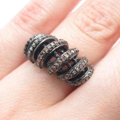 925 Sterling Silver Black Rhodium 2-Tone Real Diamond Twisted Ring Size 7.25