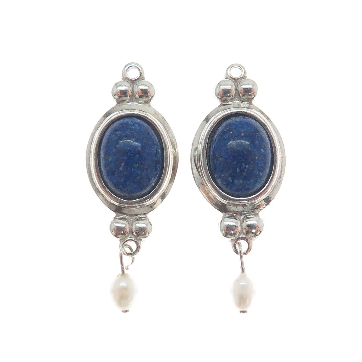 COLEMAN CO. 925 Sterling Silver Vintage Real Lapis Inlay & Pearl Jacket Earrings