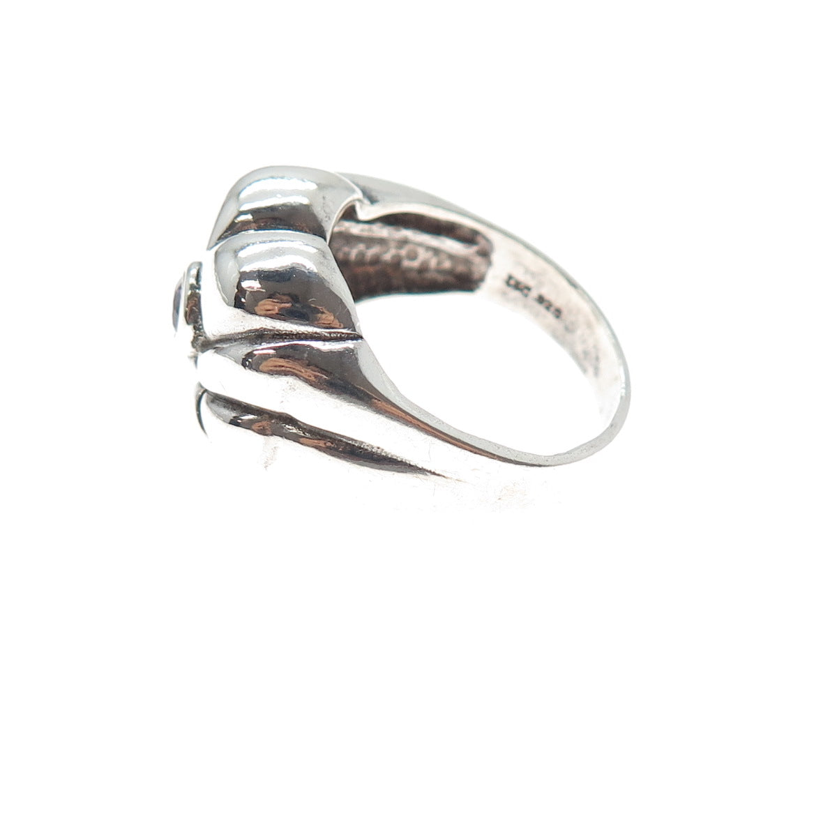 925 Sterling Silver Vintage Real Amethyst Modernist Heart Ring Size 9.25