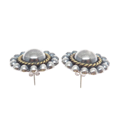 925 Sterling Silver 2-Tone Vintage Mexico Sun Beaded Oxidized Earrings