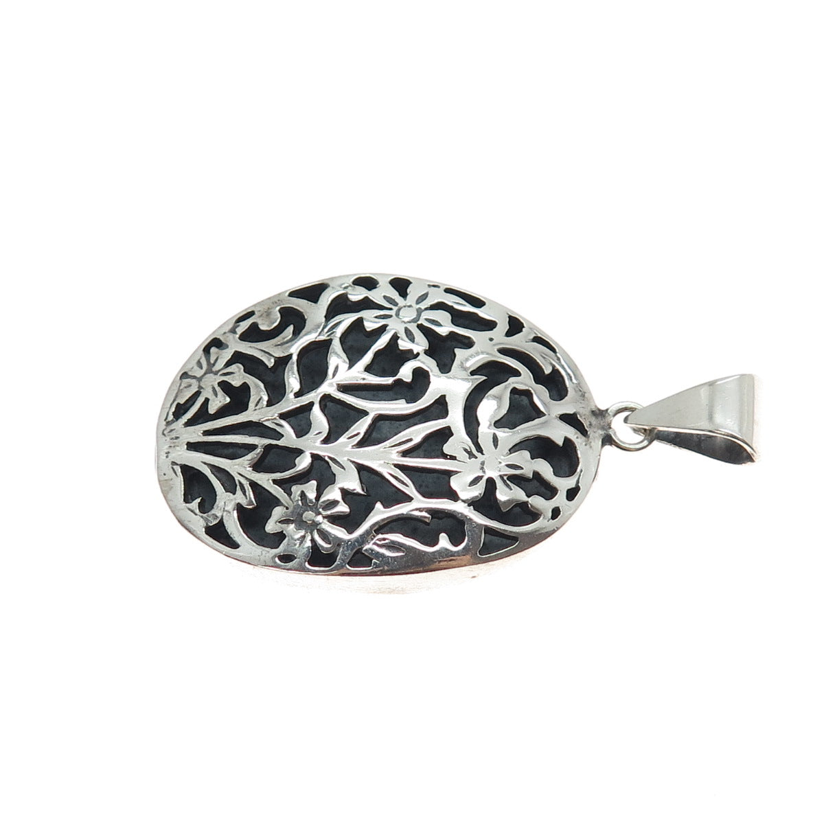 925 Sterling Silver Vintage Flower Shadow Box Oxidized Charm Pendant