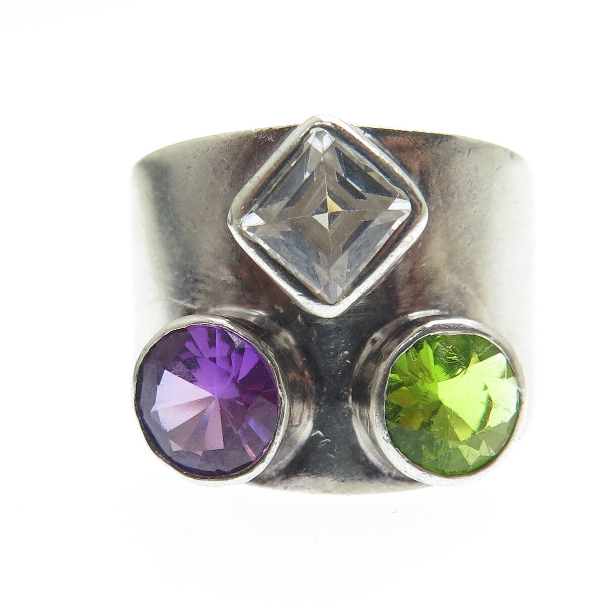 925 Sterling Silver Vintage Peacock Sapphire Peridot Gem C Z Ring Size 7