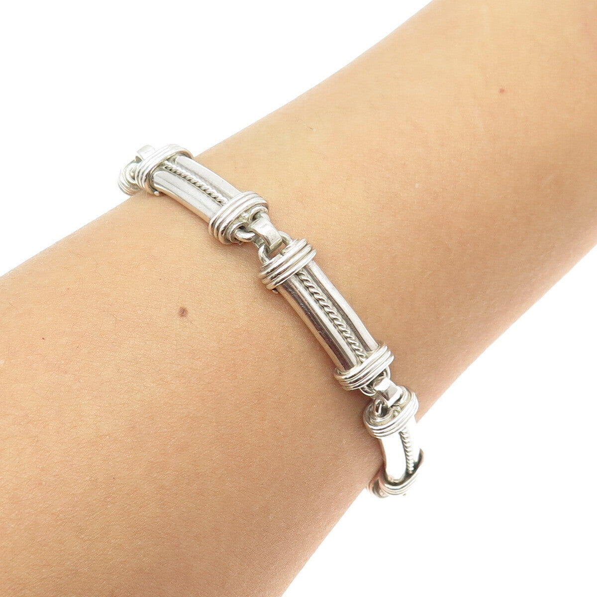 925 Sterling Silver Vintage Modernist Roped Panel Link Bracelet 7.5"