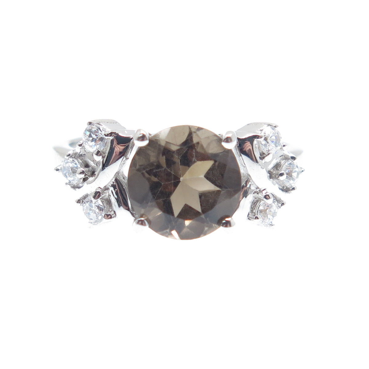 925 Sterling Silver Real Round-Cut Smoky Quartz & C Z Ring Size 8