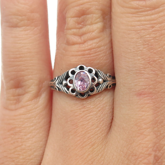 925 Sterling Silver Vintage Pink C Z Ornate Ring Size 6