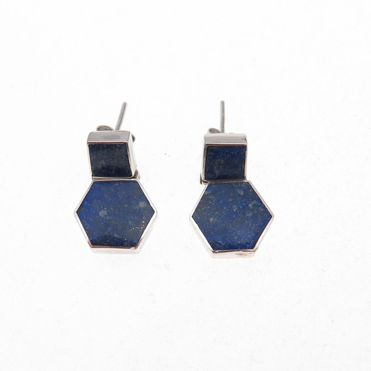 950 Silver Vintage Real Lapis Modernist Geometric Earrings