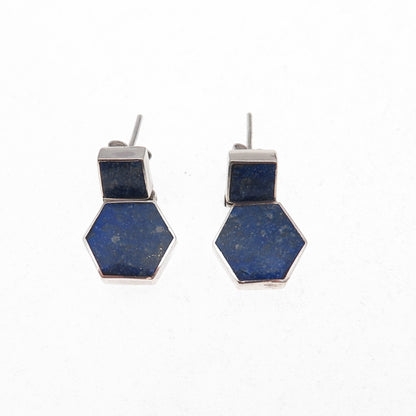 950 Silver Vintage Real Lapis Modernist Geometric Earrings