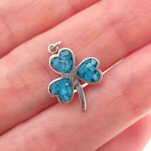 Tommy Long Navajo Old Pawn 925 Sterling Vintage Turquoise Inlay Clover Pendant