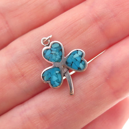Tommy Long Navajo Old Pawn 925 Sterling Vintage Turquoise Inlay Clover Pendant