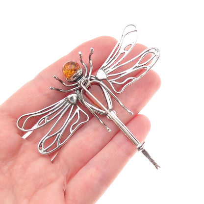 925 Sterling Silver Vintage Real Amber Dragonfly Oxidized Pin Brooch