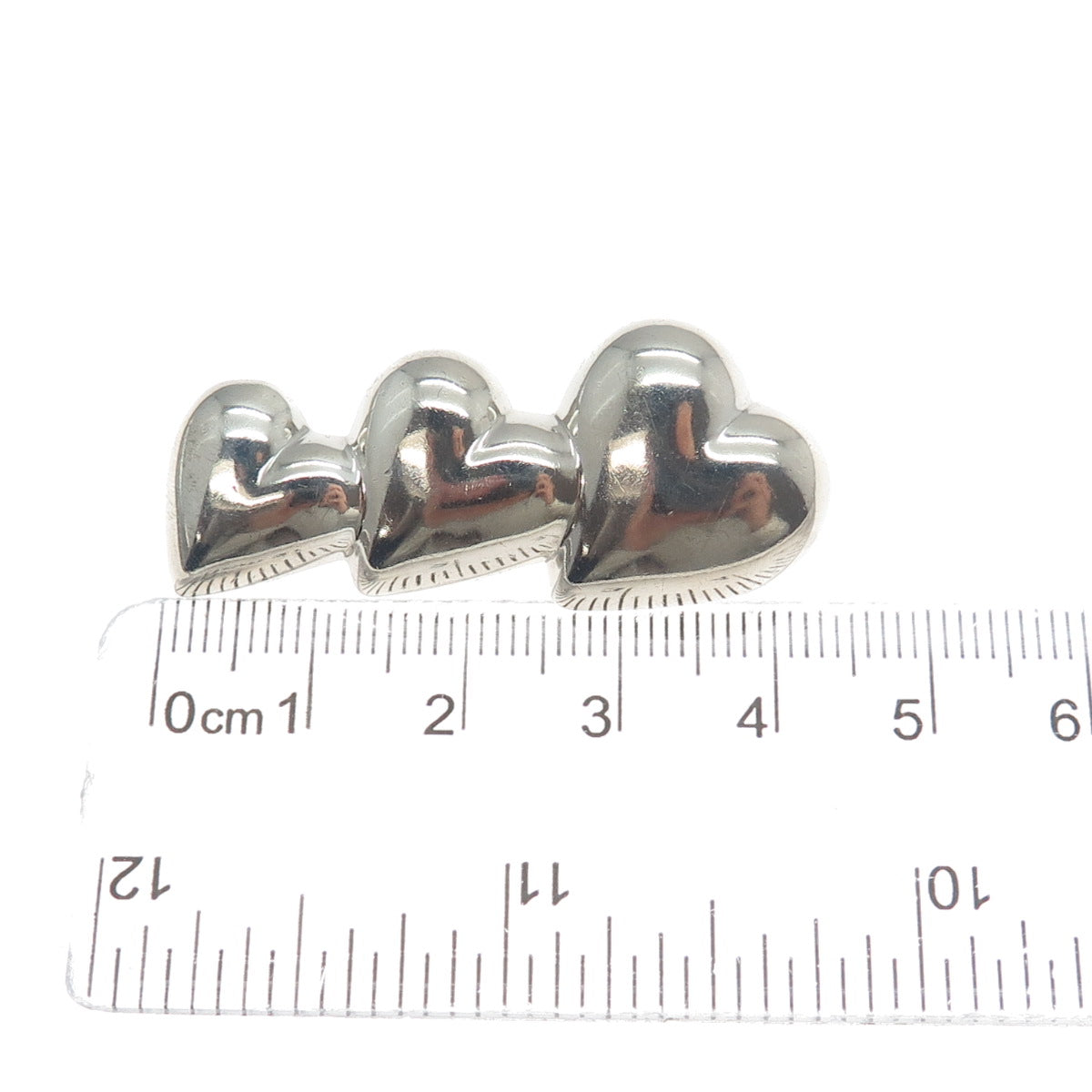 925 Sterling Silver Vintage Graduated Puffy Three Hearts Pin Brooch