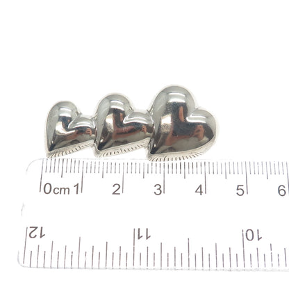 925 Sterling Silver Vintage Graduated Puffy Three Hearts Pin Brooch