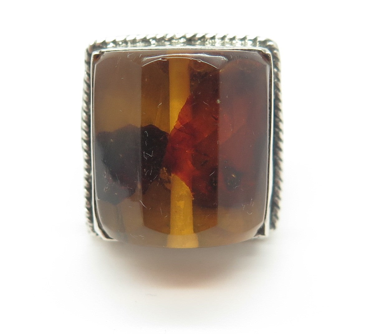 925 Sterling Silver Vintage Real Amber Modernist Statement Ring Size 6.75