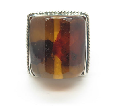 925 Sterling Silver Vintage Real Amber Modernist Statement Ring Size 6.75