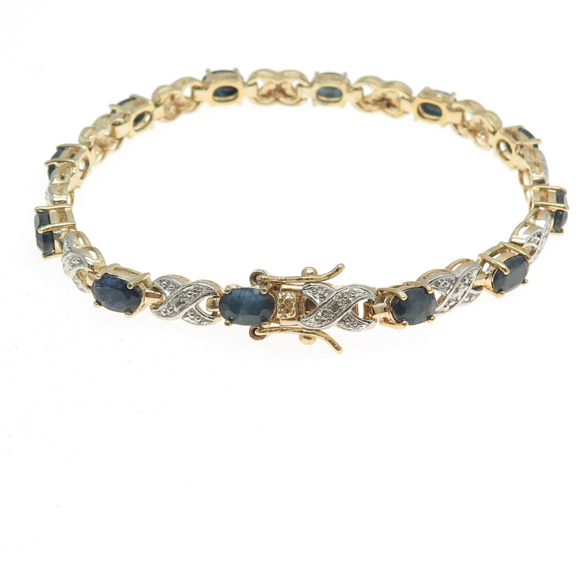 925 Sterling Silver Gold Plated Real Diamond Accent & Sapphire "X" Bracelet 7"