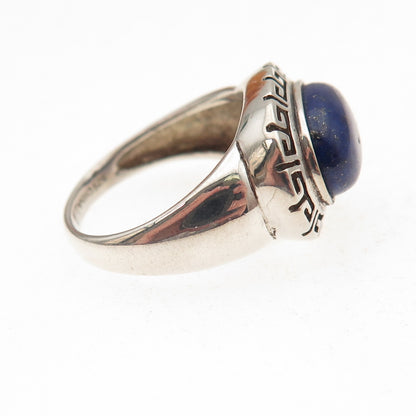 925 Sterling Silver Vintage Real Lapis Greek Key Oxidized Ring Size 6