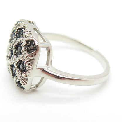 925 Sterling Silver Real Round-Cut Black Diamond Lattice Pattern Ring Size 8