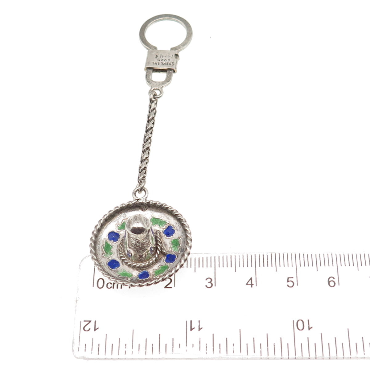 925 Sterling Silver Vintage Enamel Mexico Sombrero Hat Key Fob Chain