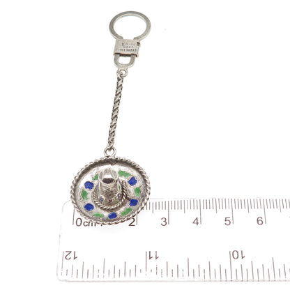 925 Sterling Silver Vintage Enamel Mexico Sombrero Hat Key Fob Chain